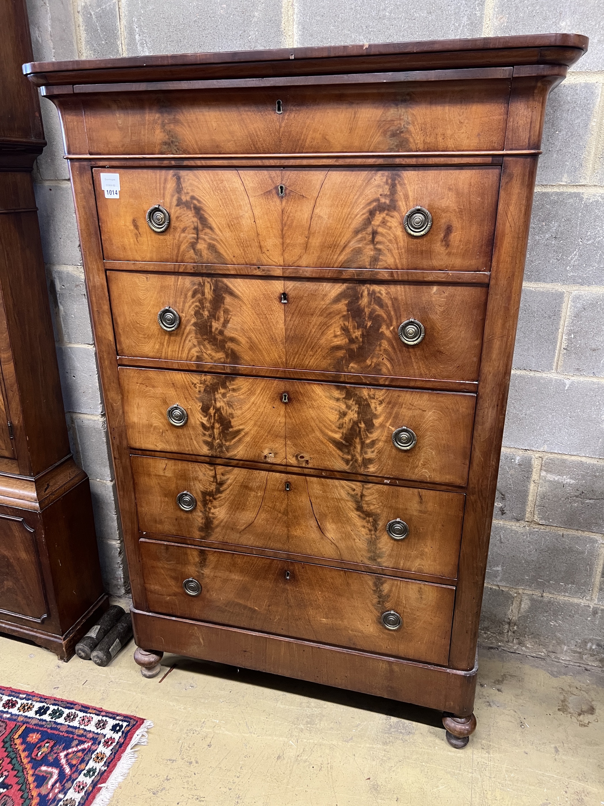 A 19th century French mahogany chest of six drawers, width 104cm, depth 46cm, height 159cm